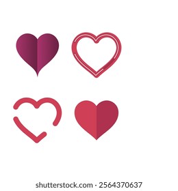 Set of 4 pink, red heart icons, simple vector cartoon doodle style illustration elements for product or web design.