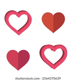 Set of 4 pink, red heart icons, simple vector cartoon doodle style illustration elements for product or web design.