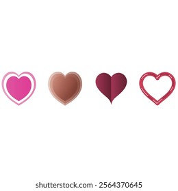 Set of 4 pink, red heart icons, simple vector cartoon doodle style illustration elements for product or web design.