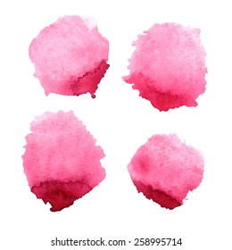 Set of 4 pink spots painted in watercolor. Vector template for your design.
