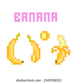 Set of 4 pixel art bananas (uncut, peeled, sliced) isolated on white background. Collection of 8 bit exotic fruit icons. Old school vintage retro 80s, 90s slot machine/video game graphics.