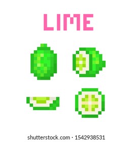 Set of 4 pixel art green limes (uncut, cut in half, sliced) isolated on white background. Collection of 8 bit citrus fruit icons. Old school vintage retro 80s, 90s slot machine/video game graphics. 
