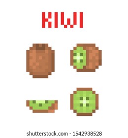 Set of 4 pixel art kiwifruits (uncut, cut in half, sliced) isolated on white background. Collection of 8 bit exotic berry icons. Old school vintage retro 80s, 90s slot machine/video game graphics.