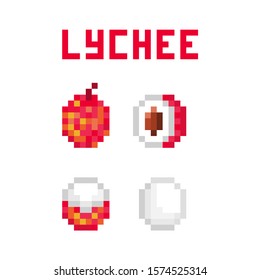 Set of 4 pixel art lychee (uncut, cut in half, peeled) icons isolated on white. Collection of 8 bit exotic tropical fruit symbols. Old school vintage retro 80s, 90s slot machine/video game graphics.