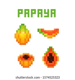 Set of 4 pixel art papaya (uncut, cut in half, sliced) icons isolated on white. Collection of 8 bit exotic tropical fruit symbols. Old school vintage retro 80s, 90s slot machine/video game graphics.