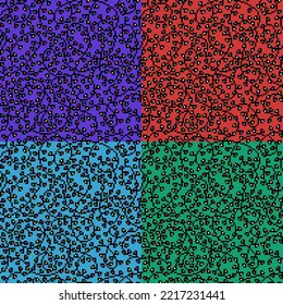 Set of 4 pixel art seamless patterns, tangled multicolor Christmas lights on green, blue, violet, red. Holiday electric garland background. 8 bit retro 80s, 90s 2d video game, slot machine graphics