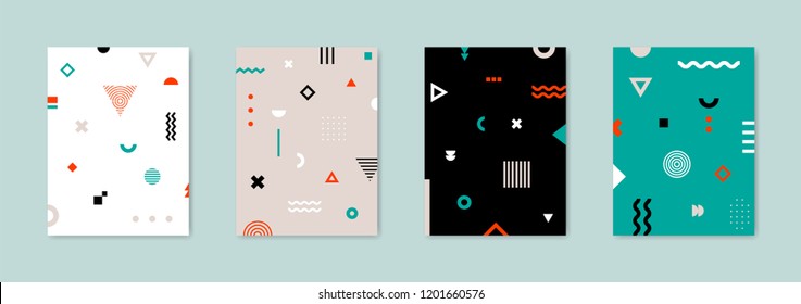 Set of 4 Placard with geometric bauhaus shapes. Retro abstract backgrounds. Vector template for Covers, Voucher, Posters, Flyers and Banners.