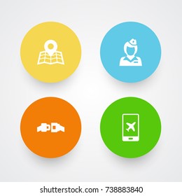 Set Of 4 Plane Icons Set.Collection Of Hostess, Location, Buckle And Other Elements.