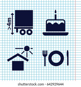 Set of 4 plate filled icons such as cake with one candle, house under sun, cargo height