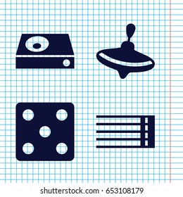 Set of 4 play filled icons such as whirligig, dice, dvd player