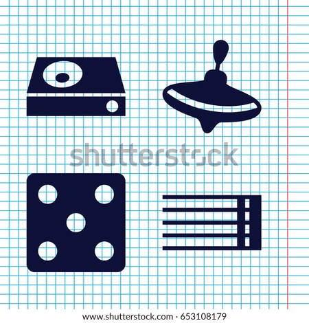 Set of 4 play filled icons such as whirligig, dice, dvd player
