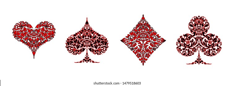 Set of 4 Playing card suits icons decoration pattern diamonds, clovers, hearts, spades template black and red. Playing card suit ornament symbol pictogram for poker casino isolated on white background
