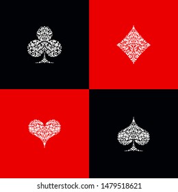 Set 4 Playing card suits icons decoration pattern diamonds, clovers, hearts, spades template on black and red background. Vintage Playing card suit ornament symbol pictogram for play casino poker game
