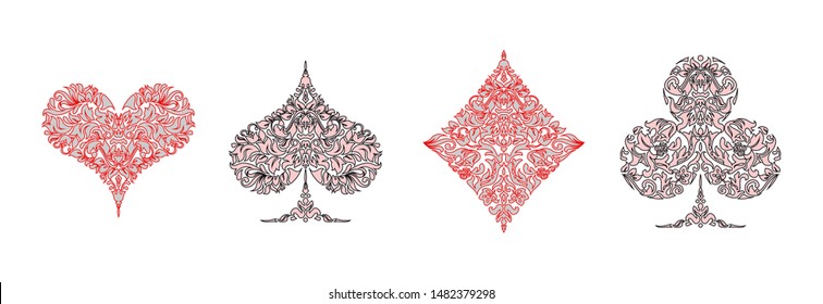 Set of 4 Playing card suits icons decoration pattern diamonds, clovers, hearts, spades template black and red. Playing card suit ornament symbol pictogram for poker casino isolated on white background