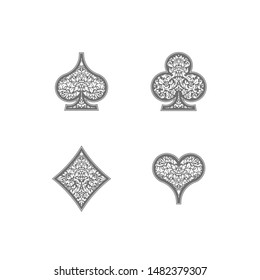 Set 4 Playing card suits icons decoration pattern diamonds, clovers, hearts spades template isolated on white background. Vintage Playing card suit ornament symbol pictogram for play casino poker game
