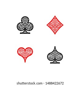 Set of 4 Playing card suits icons decoration pattern diamonds, clovers, hearts, spades template black and red. Playing card suit ornament symbol pictogram for poker casino isolated on white background