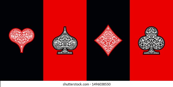 Set 4 Playing card suits icons decoration pattern diamonds, clovers, hearts, spades template on black and red background. Vintage Playing card suit ornament symbol pictogram for play casino poker game