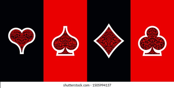 Set 4 Playing card suits icons decoration pattern diamonds, clovers, hearts, spades template on black and red background. Vintage Playing card suit ornament symbol pictogram for play casino poker game