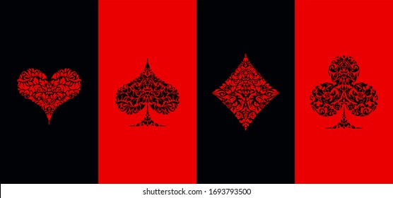 Set 4 Playing card suits icons decoration pattern diamonds, clovers, hearts, spades template on black and red background. Vintage Playing card suit ornament symbol pictogram for play casino poker game