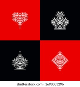 Set 4 Playing card suits icons decoration pattern diamonds, clovers, hearts, spades template on black and red background. Vintage Playing card suit ornament symbol pictogram for play casino poker game
