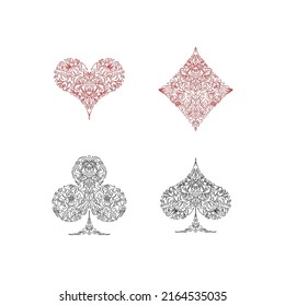 Set of 4 Playing card suits icons decoration pattern diamonds, clovers, hearts, spades template black and red. Playing card suit ornament symbol pictogram for poker casino isolated on white background