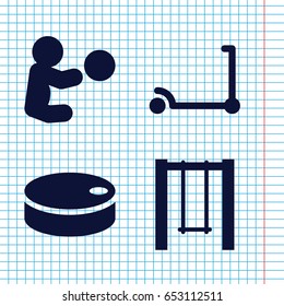 Set of 4 playing filled icons such as kick scooter, swing, hockey puck