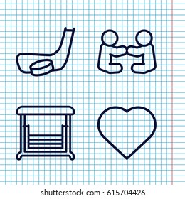 Set of 4 playing outline icons such as Hearts, swing, hockey stick and puck