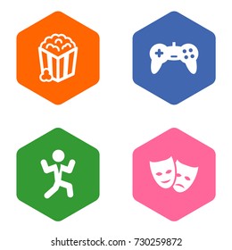 Set Of 4 Pleasure Icons Set.Collection Of Disco, Snack, Joystick And Other Elements.
