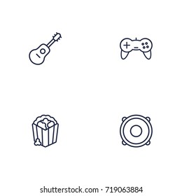 Set Of 4 Pleasure Outline Icons Set.Collection Of Guitar, Popcorn, Game Controller And Other Elements.