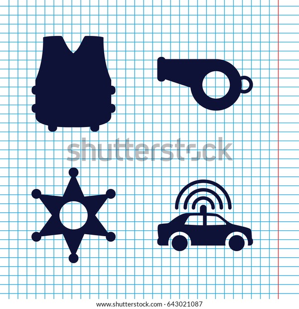 Set of 4 police filled icons such as police car,\
sheriff, bulletproof vest