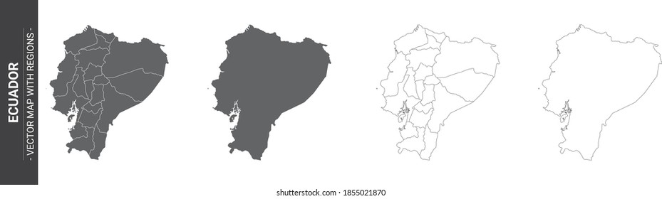 set of 4 political maps of Ecuador with regions isolated on white background
