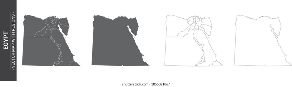 set of 4 political maps of Egypt with regions isolated on white background