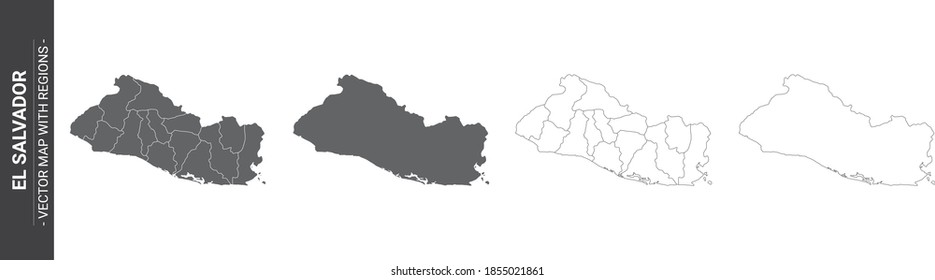 set of 4 political maps of El Salvador with regions isolated on white background