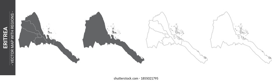 set of 4 political maps of Eritrea with regions isolated on white background