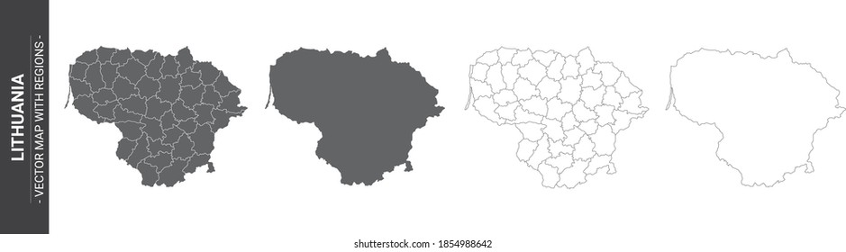 set of 4 political maps of Lithuania with regions isolated on white background