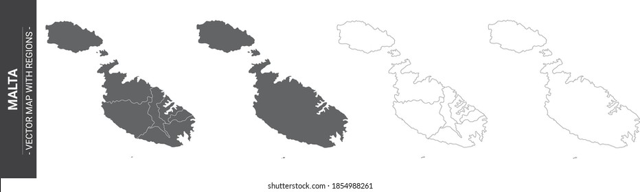 conjunto de 4 mapas políticos de Malta con regiones aisladas sobre fondo blanco