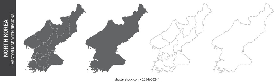set of 4 political maps of North Korea with regions isolated on white background