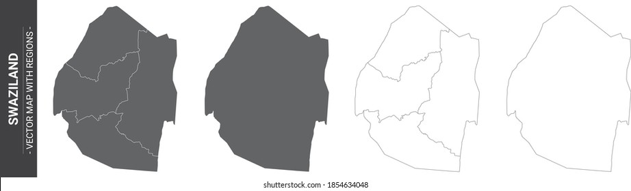 set of 4 political maps of Swaziland with regions isolated on white background