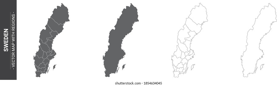set of 4 political maps of Sweden with regions isolated on white background
