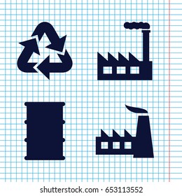 Set of 4 pollution filled icons such as factory, barrel