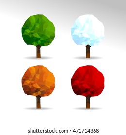 set of 4 polygonal trees for all seasons Spring Summer Autumn Winter red green yellow white