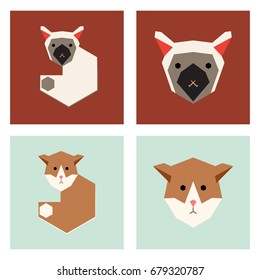 Set of 4 Polygonic Animal Colored Icons. Dog, Dog Face, Cat, Cat Face