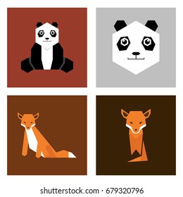 Set of 4 Polygonic Animal Colored Icons. Panda, Panda Face, Fox sitting, Fox standing