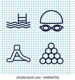 Set of 4 pool outline icons such as pool, waterslide, swimming hat and glasses