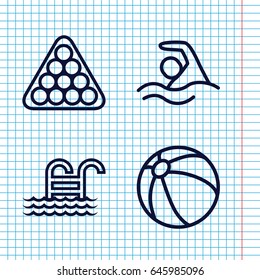 Set of 4 pool outline icons such as beach ball, billiards, pool ladder