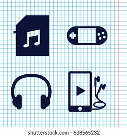 Set of 4 portable filled icons such as portable console, phone and earphones, memory card with music