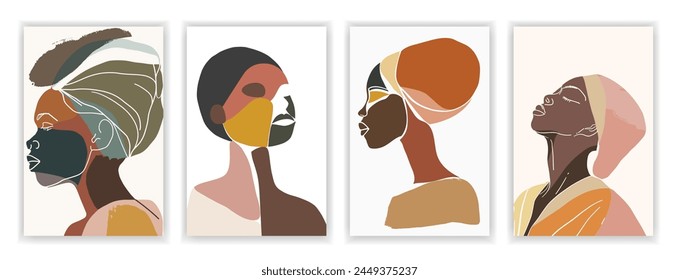 Set of 4 Portrait of African Woman, Simple Shapes and Boho Colors in Flat Illustration