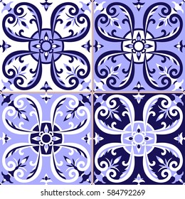 Set of 4 portuguese tiles pattern vector with blue and white ornaments. Portugal azulejo, mexican talavera, delft dutch, italian or spanish motifs. 