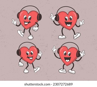 set 4 pose Groovy hippie love character design classics. Character happy heart 80's. PRO VECTOR