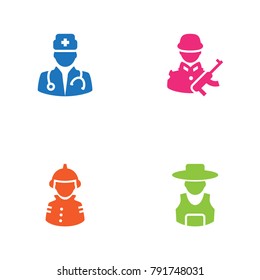 Set Of 4 Position Icons Set.Collection Of Fireman, Rancher, Medic And Other Elements.